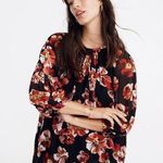 Madewell Black Floral Tie Back Pleated 3/4 Balloon Sleeve Tunic Blouse Top Sz XS Photo 0