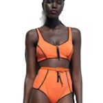 ZARA Swimwear Contrast Piping Bikini Zip Top in Neon Orange Photo 2