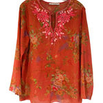 CAbi  Floral Silk Embroidered Tunic Top Blouse Women's Large Orange Boho Dainty Photo 0