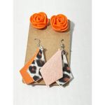 Leopard Vegan Leather Dangle & Orange Rose Stud Earrings Orange & Black 2 Pairs‎ Photo 4