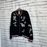Elevenses  Embroidered Bomber Jacket Women’s L Black Floral Satin Zip Up Boho Photo 7
