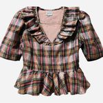 Saylor New Ilene Metallic Ruffle Peplum Puff Sleeve Blouse Pink Plaid Print L Photo 3