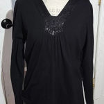 Quacker Factory  Womens Black Embellished‎ V Neck Long Sleeve Shirt Top Large Photo 0