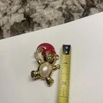 Designer Signed Marvella Faux Pearl Teddy Bear in Santa Hat Gold Tone Brooch Pin Photo 2