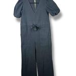 ASOS Design Soft Black Denim V-Neck Puff Sleeve Tie Waist Wide Leg Jumpsuit Photo 0