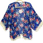 Umgee  Kimono Womens S Blue Red Lace Floral Print Lace Flowy Open Cover Up Boho Photo 1