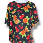 Vintage 90s Petite Top Fruit Floral Print Black Round Neck Short Sleeve Medium Size undefined Photo 1