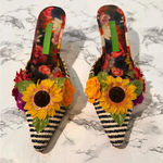 Vintage Beverly Feldman Floral Striped Pointed Toe Mules Kitten Heels Size 7.5 Black Photo 0