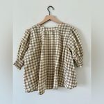 Urban Outfitters Vneck Puff Sleeve Blouse in Tan & Black Plaid - Size S Photo 5