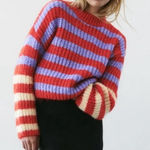 ZARA  Chunky Knit Crew Neck Oversized Striped‎ Sweater Balloon Sleeves Size Small Photo 0