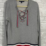Tommy Hilfiger Gray Lace-Up Top with Red and Blue Accents Photo 0
