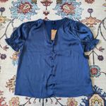 SheIn  Blue Satin Blouse with Puff Sleeves Faux Button Up V-Neck Medium NWT Photo 0