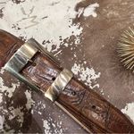 Fossil  Leather Embossed Crocodile Belt Caramel Color Cowhide Gold Buckle Small Photo 2