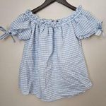 H&M L.O.G.G. Blouse Blue White Plaid Off Shoulder Short Sleeve Ties Casual Spring Photo 0