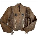 HOT LEATHER Fringe Bead/Bone Beige Leather Women’s Crop Motorcycle Jacket SZ XL Brown Photo 0