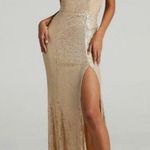 Showpo Maniju Magic Hour Split Maxi Dress Gold Sequin Laced Up Photo 0