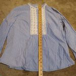 LL Bean Size Large White Blue Long Sleeve Pearl Button Top Stripes Frilly Rose Photo 7