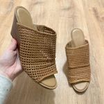 Franco Sarto  | Yvette Brown Leather Woven Peep Toe Stacked Mule Wedge Heel, 10M Photo 0