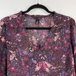 AQUA Top Women's Medium Purple Floral Sheer V-Neck Puff Sleeve Blouse Bohemian Photo 1