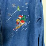 Skiing Snowman Holiday Denim Shirt Velvet Collar Sz Small Blue Photo 3