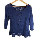 Anthro Knitted & Knotted Open Knit Navy Blue Crochet Sheer Panel Cozy Sweater M Size M Photo 0