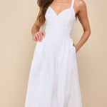 Lulus Strolling Sicily White Pleated Backless Midi Dress With Pockets Photo 0