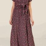 Miami  Black Floral Print Faux Wrap Tie Maxi Dress Flowy Boho Peasant Womens XS Photo 0