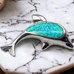 Women's Dolphin 3D Blue Opal Sterling Silver Bracelet Charm Necklace Pendant Photo 0