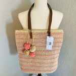 btb Los Angeles Lucy Tote, Straw Woven Pom Pom Vacation Beach Bag, Natural, NWT Tan Photo 2