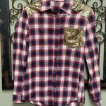 E2 Clothing long sleeve glitter plaid Top Blue Size M Photo 0