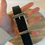 Geoffrey Beene 90s Black Genuine Leather Silver Floral Embellished Buckle Belt Size Small Photo 2
