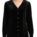 Lands' End  Black Velvet Button Front Top V Neck Sz M 10-12 Old Money Cozy Luxury Photo 0