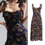 Reformation • Nikita Midi Dress in Bordeaux navy blue floral tie strap ruffle Photo 1