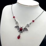 Bat Necklace Vampire Pendant Red Stone Gothic Halloween Jewelry Womens New 23in Silver Photo 2