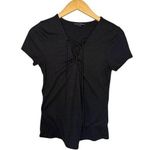 Boston Proper Women's Black Lace-Up Ribbed V-Neck Casual Tee Size XS Photo 0
