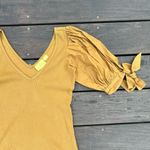 Maeve Mustard Yellow Gold  by Anthropologie Ribbed Top w/ Puff Bow Short Sleeves Photo 1