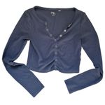 Y2K PAC Sun Blue Ribbed Snap Button Long Sleeve Crop Top Henley Shirt Sz Small Photo 0