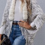 Womens Faux Fur Collar Cardigan Fringed Tassel Knit Sweater Open Front Poncho Gray Size M Photo 2