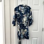 Flora Nikrooz Satin Blue Floral Print Petra Short Robe Tie Belt M/L Medium Large Photo 5