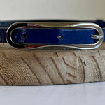 EXPRESS Blue England Made Genuine Leather Adjustable Thin Skinny Silver Oval Buckle Belt Photo 0