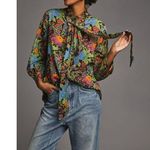 Anthropologie đź’•MILLE RESORT & TRAVEL đź’• Blair Blouse ~ Tie Neck Green Motif XS Photo 2
