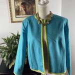 Bob Mackie Women 14 Blue Collarless Open Jacket Padded Shoulder Long Sleeve Photo 0