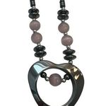 Hematite and Pale Pink Cat's Eye Stone Bead Heart Necklace Photo 0
