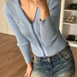 & Other Stories Blue Ribbed Cropped Cardigan with Butterflies Sequin Detail Photo 0