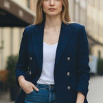 AQUA NWOT   ruched sleeve blazer NAVY Military Style Embellished Button Photo 0