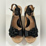 Born BOC Black Leather Floral Peep Toe Slingback Woven Wedge Heel Sandals 8 Photo 2