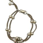 Vintage Pearl Rhinestone Costume Bracelet Gold Two Strand Dainty Evening Glam Photo 0