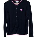Charter Club  Black Cardigan with Pink Embroidered Lip Appliqué Size L Photo 0