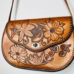 Vintage 1960s 70s Floral Tooled Leather Turn Lock Style Western Boho Handbag Brown Photo 2