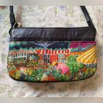 Vintage Icon Los Angeles Crossbody Leather bag with Garden cafe painting. Blue Photo 8